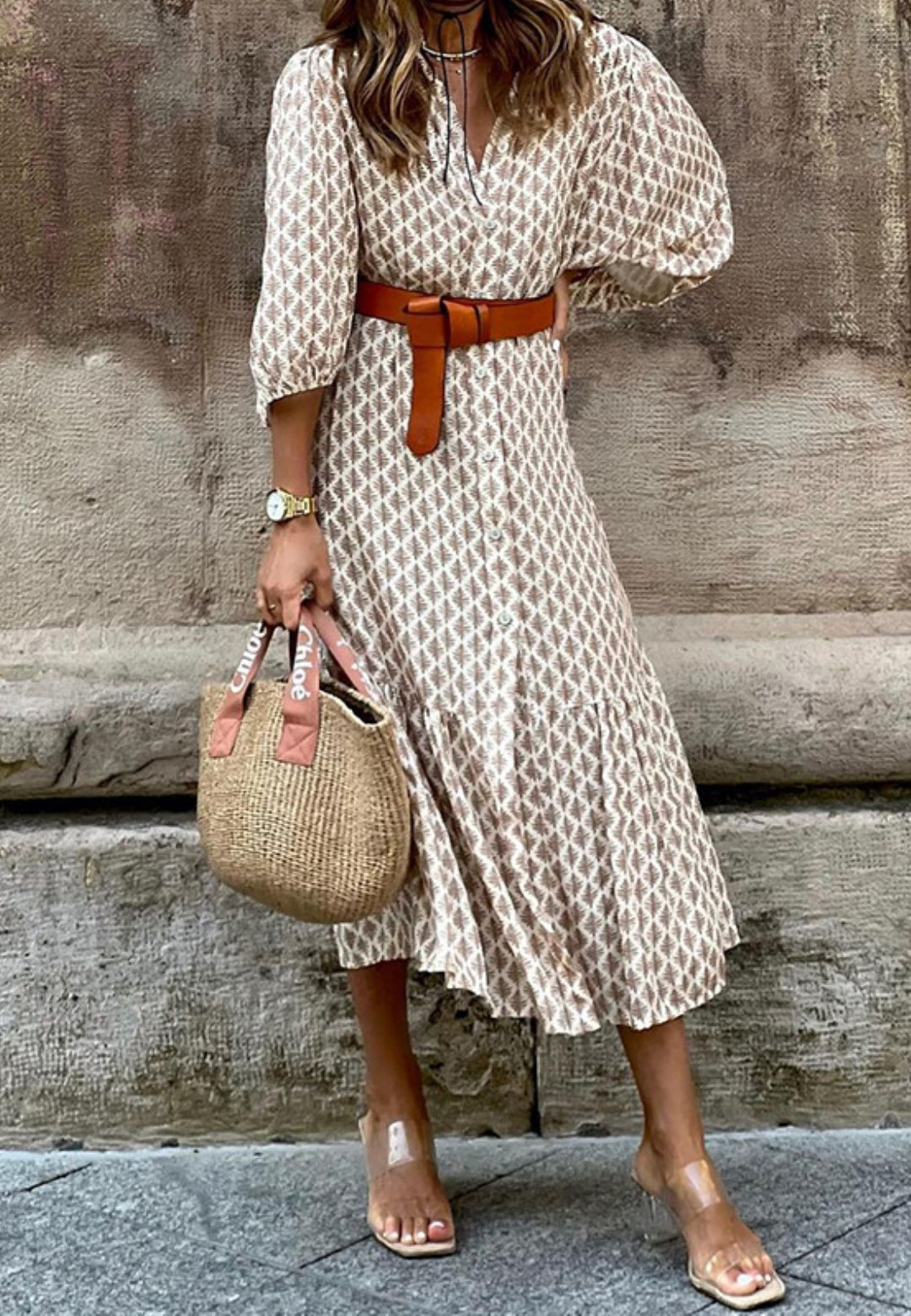 Vestido midi con mangas abullonadas y estampado geométrico