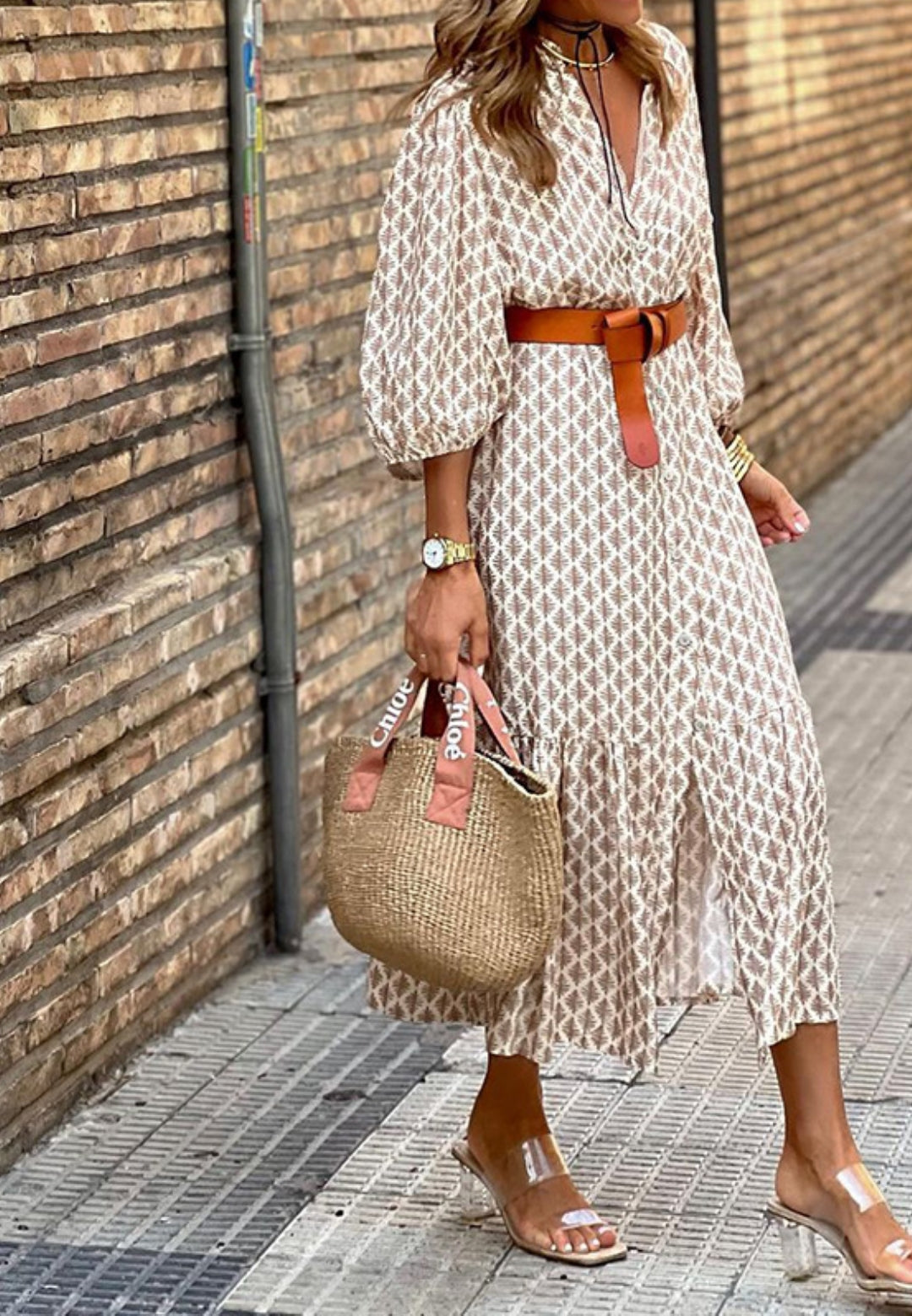 Vestido midi con mangas abullonadas y estampado geométrico