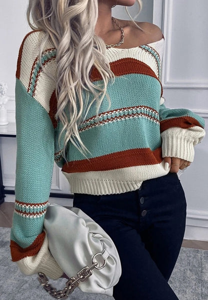 Multicolor Striped Pattern V Neck Sweater