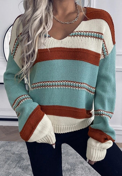 Multicolor Striped Pattern V Neck Sweater