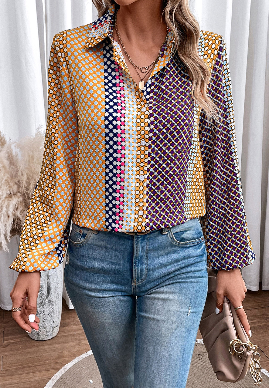 Camisa con estampado vintage geométrico multicolor