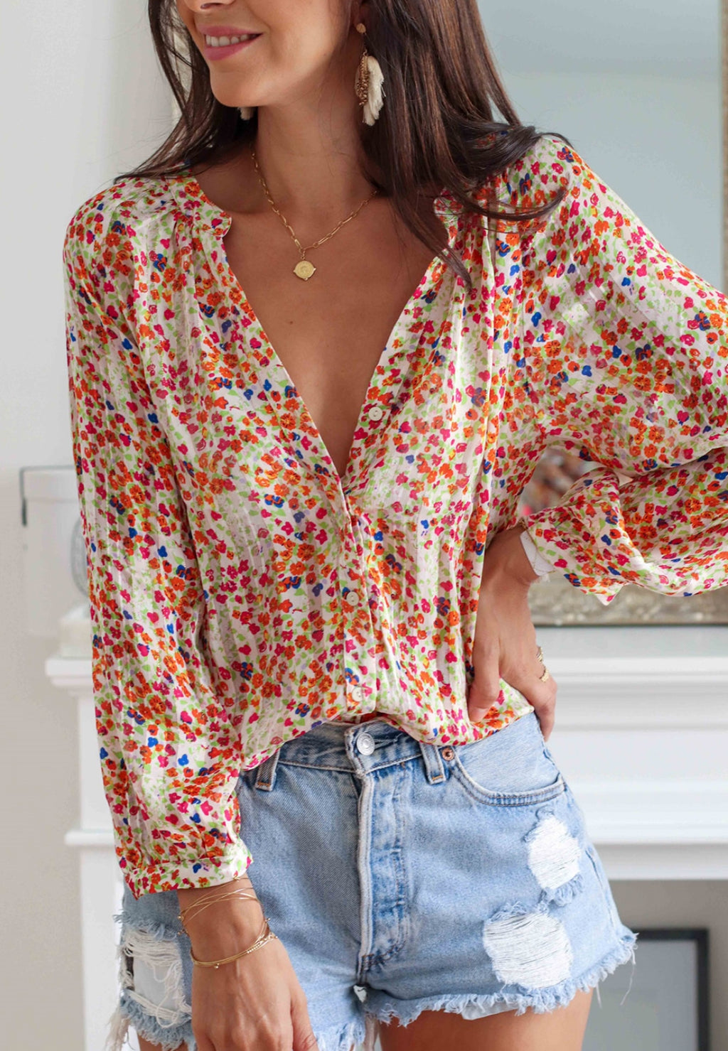 Camisa con botones y estampado floral multicolor