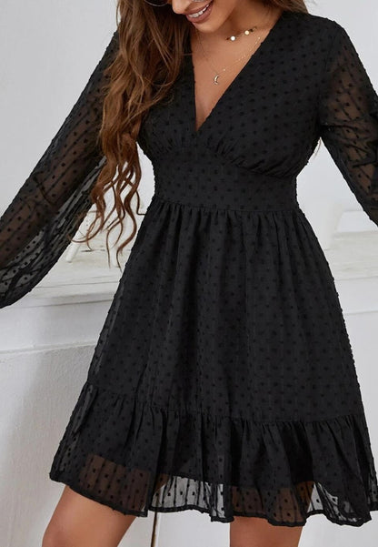 Plunge Neck Textured Swiss Dot Dress