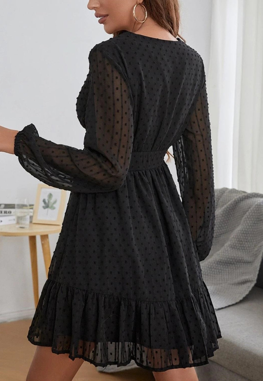 Plunge Neck Textured Swiss Dot Dress