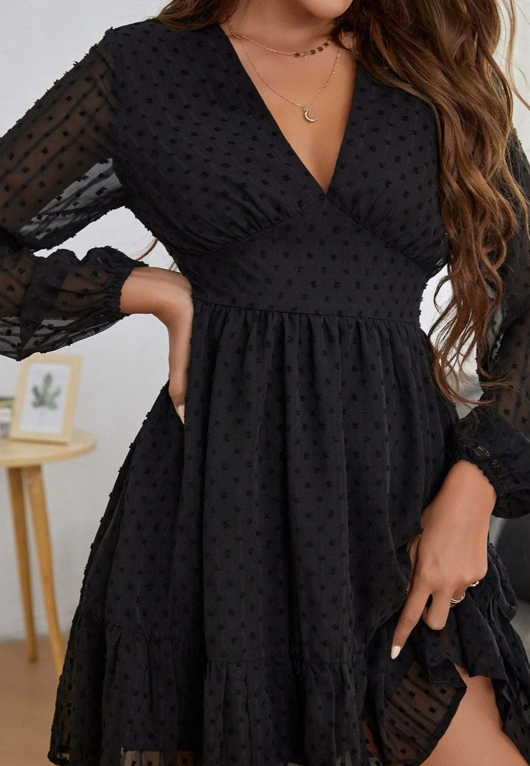 Plunge Neck Textured Swiss Dot Dress