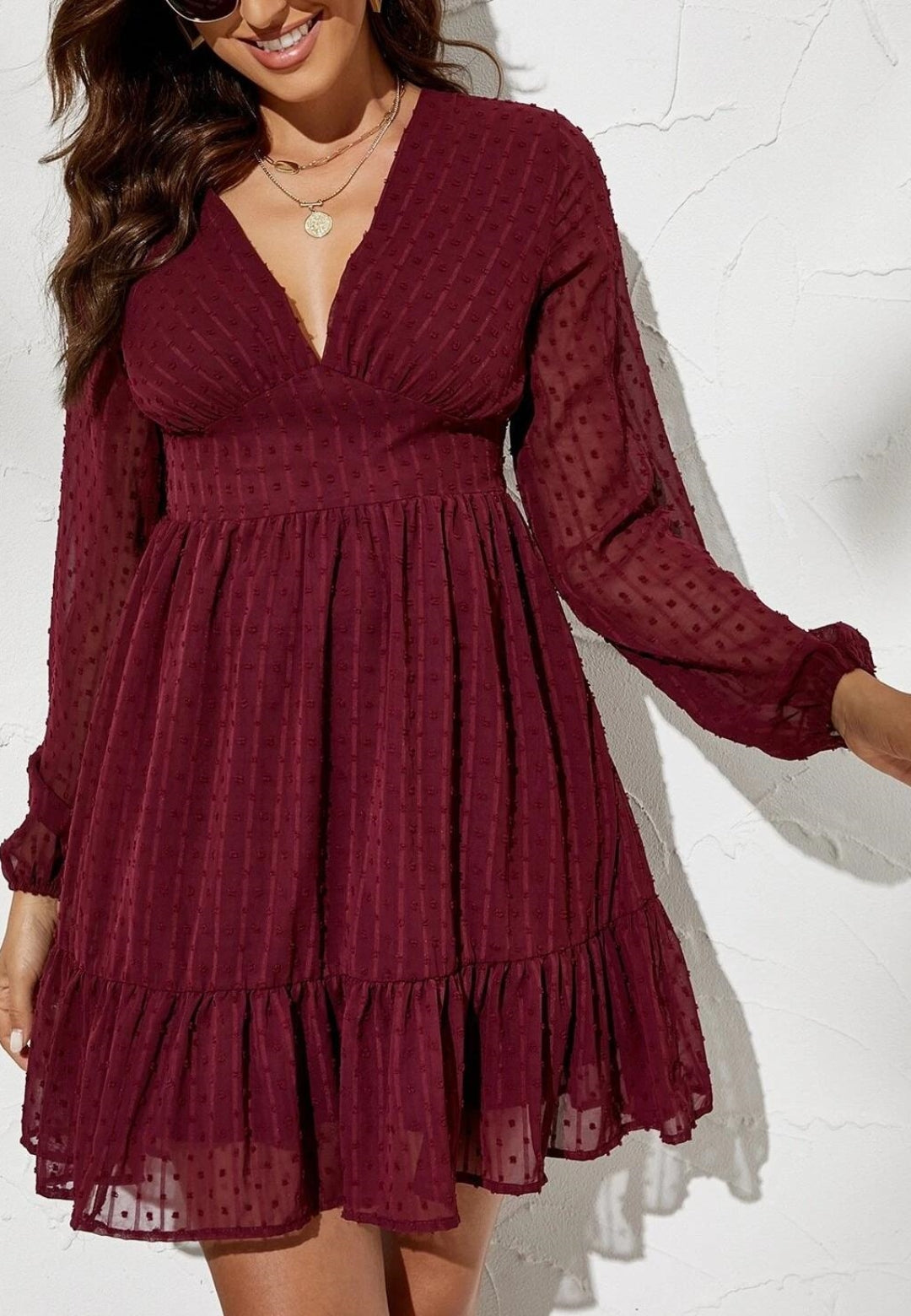 Plunge Neck Textured Swiss Dot Dress