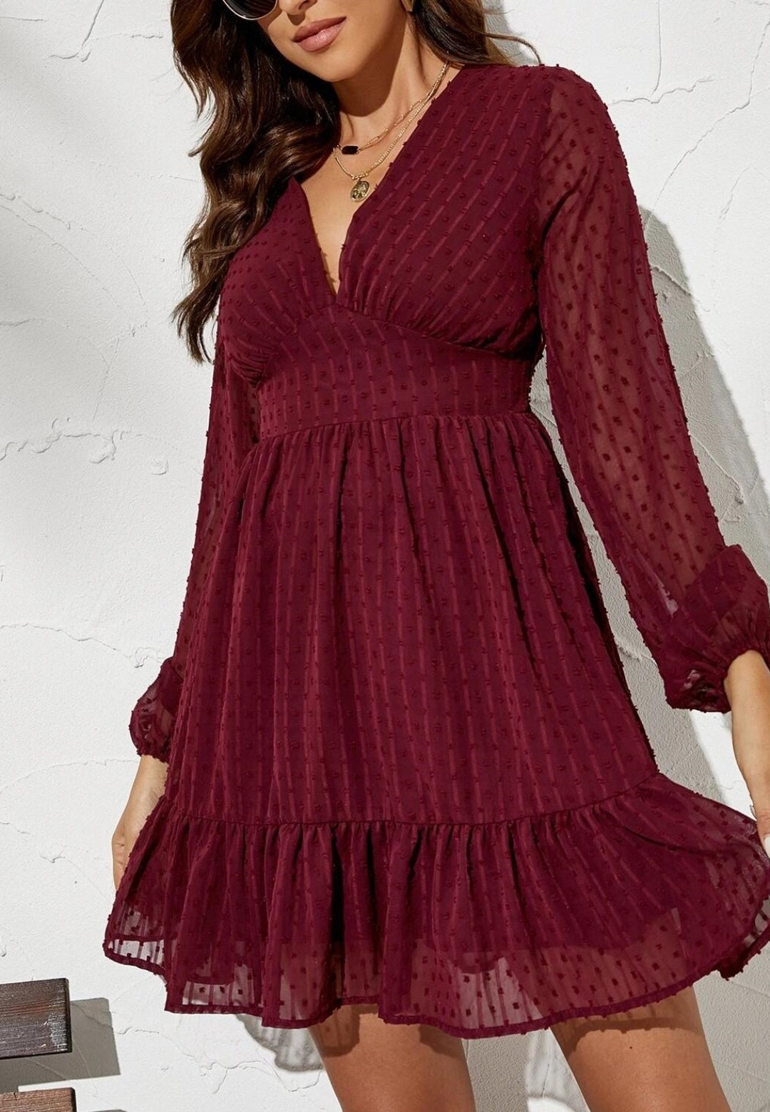 Plunge Neck Textured Swiss Dot Dress