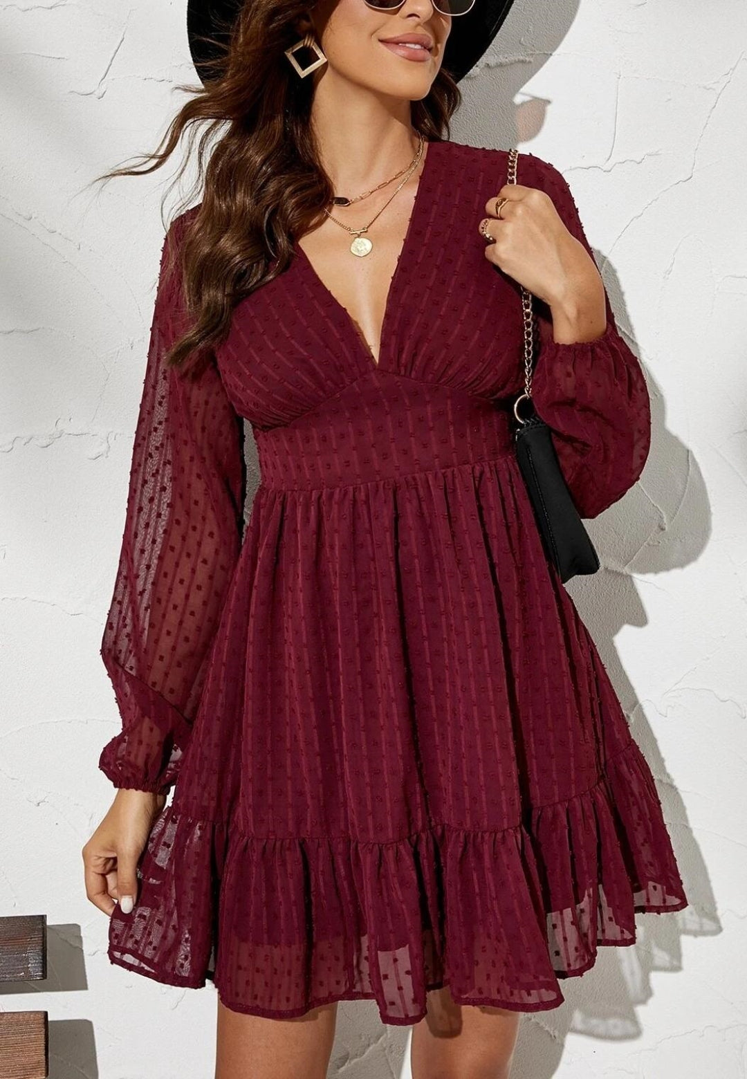 Plunge Neck Textured Swiss Dot Dress