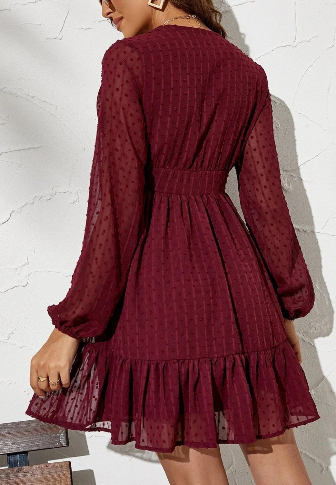 Plunge Neck Textured Swiss Dot Dress