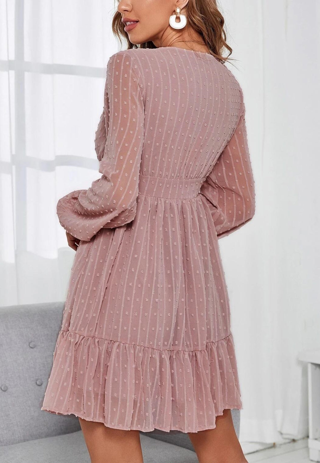 Plunge Neck Textured Swiss Dot Dress