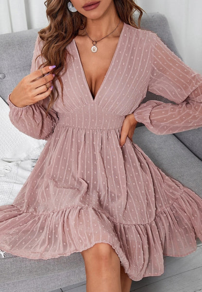 Plunge Neck Textured Swiss Dot Dress