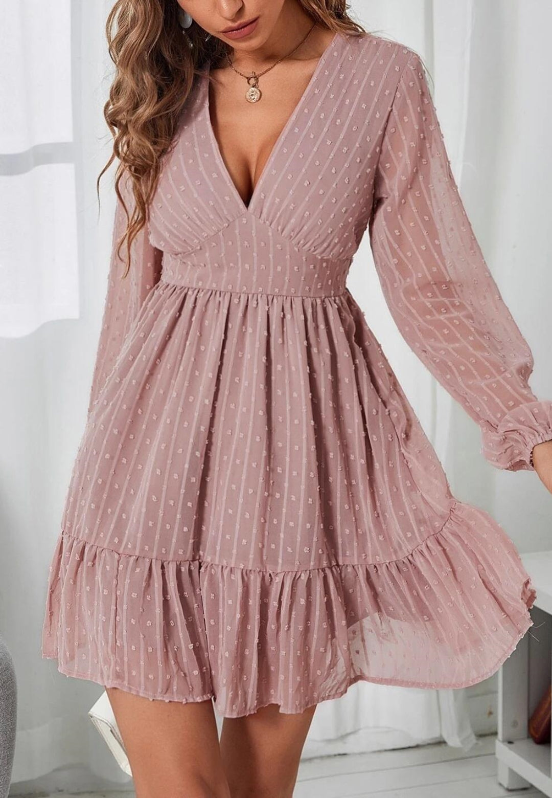 Plunge Neck Textured Swiss Dot Dress