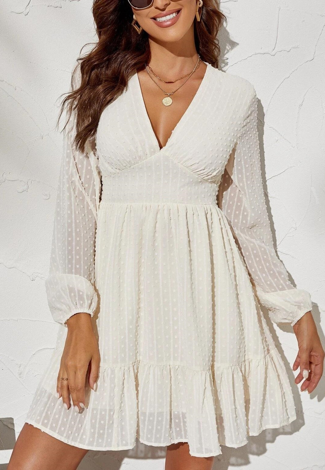 Plunge Neck Textured Swiss Dot Dress