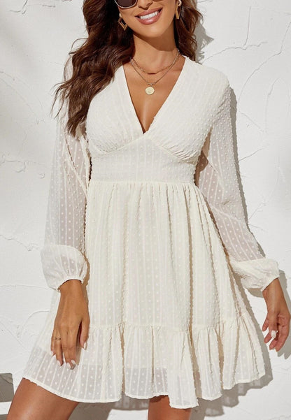 Plunge Neck Textured Swiss Dot Dress