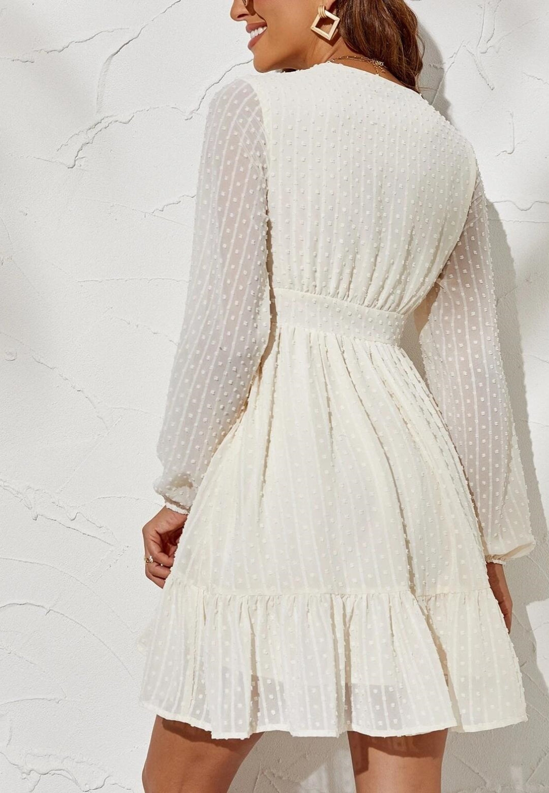 Plunge Neck Textured Swiss Dot Dress