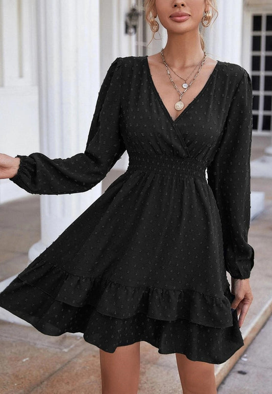 Surplice Neck Tiered Ruffle Hem Dress