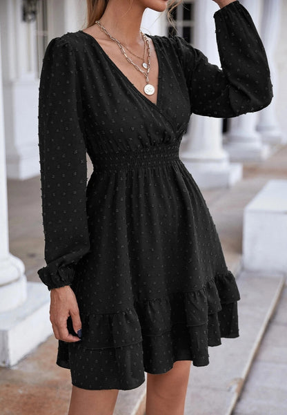 Surplice Neck Tiered Ruffle Hem Dress
