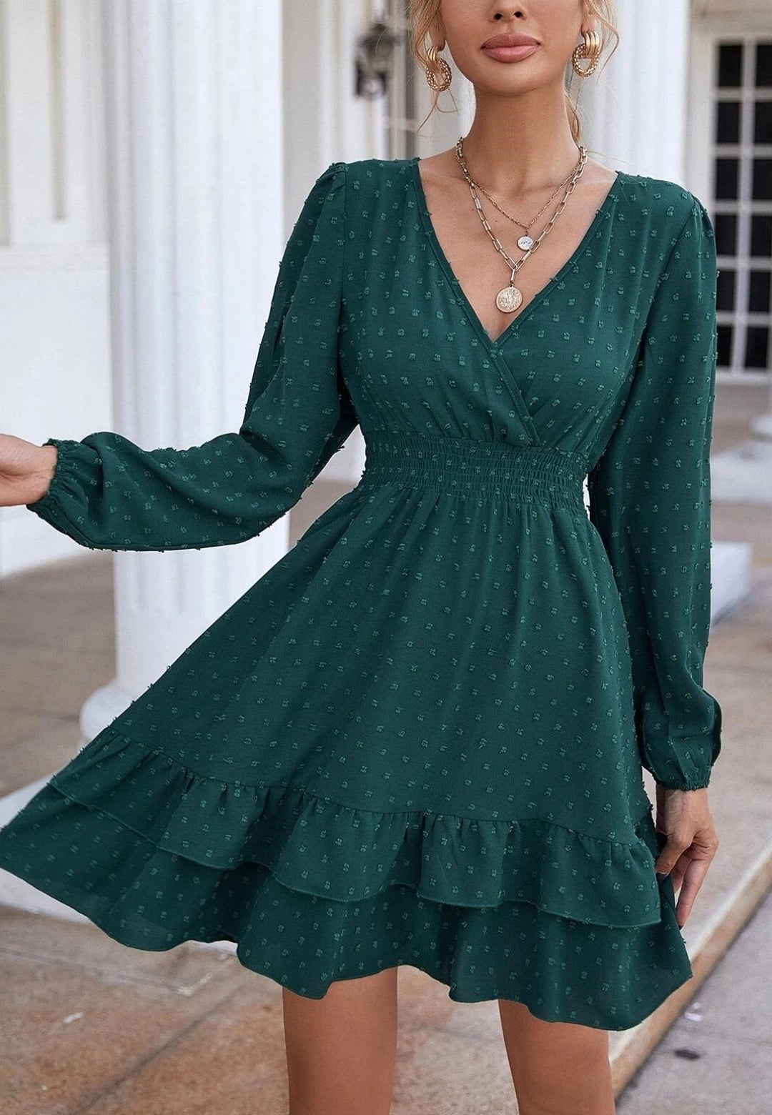 Surplice Neck Tiered Ruffle Hem Dress