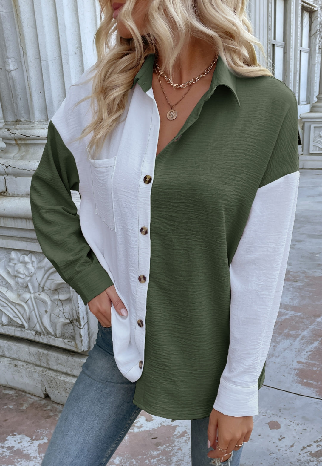 Two Tone Drop Shoulder Textured Button Down Polo Shirt for