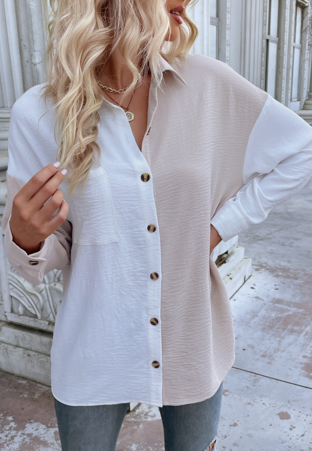 Two Tone Drop Shoulder Textured Button Down Polo Shirt for