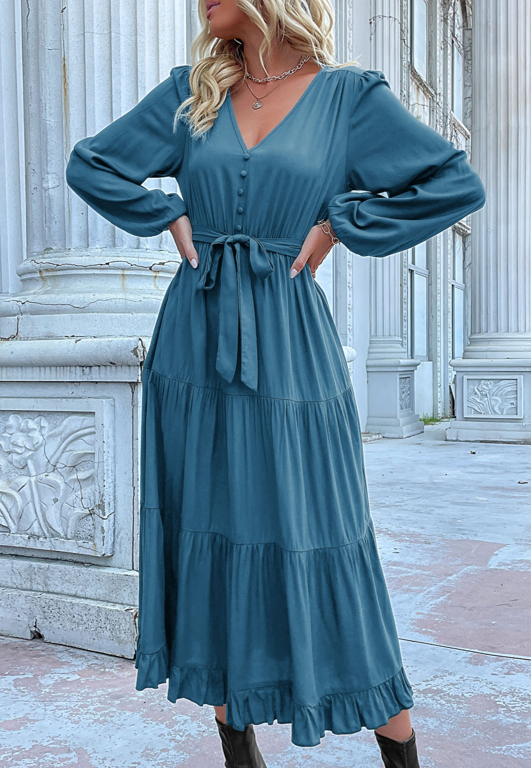 Button Detail Tiered Midi Dress