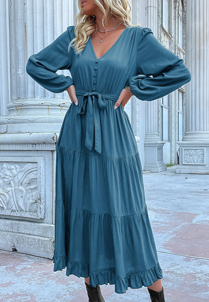 Button Detail Tiered Midi Dress