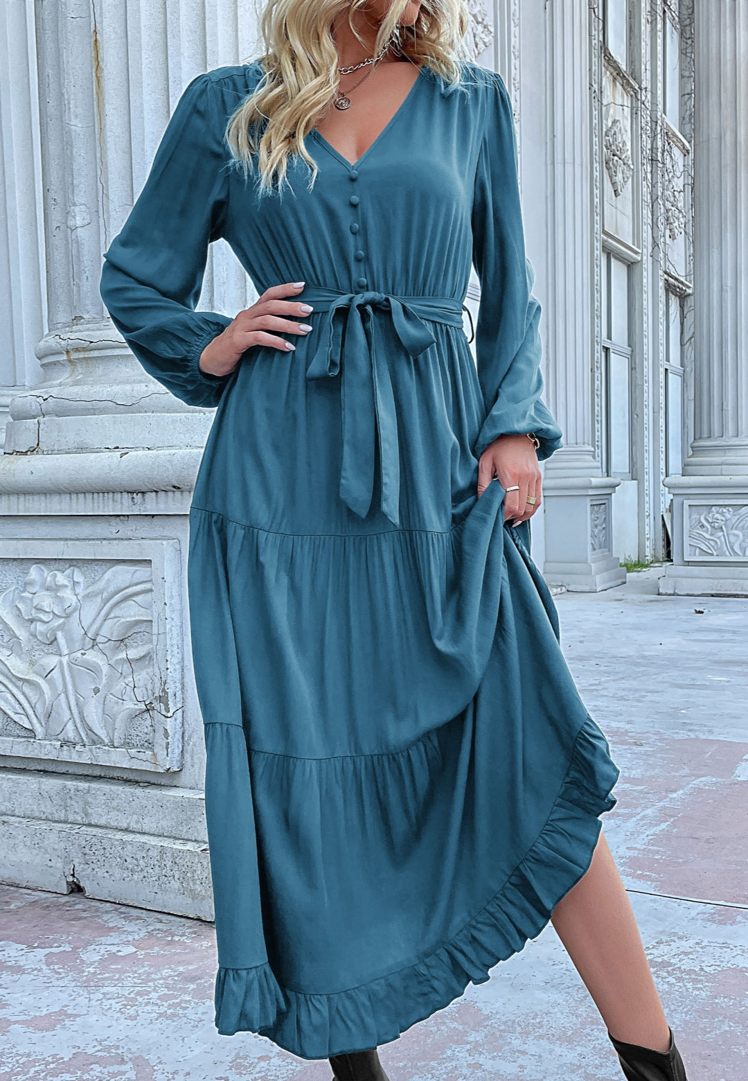 Button Detail Tiered Midi Dress