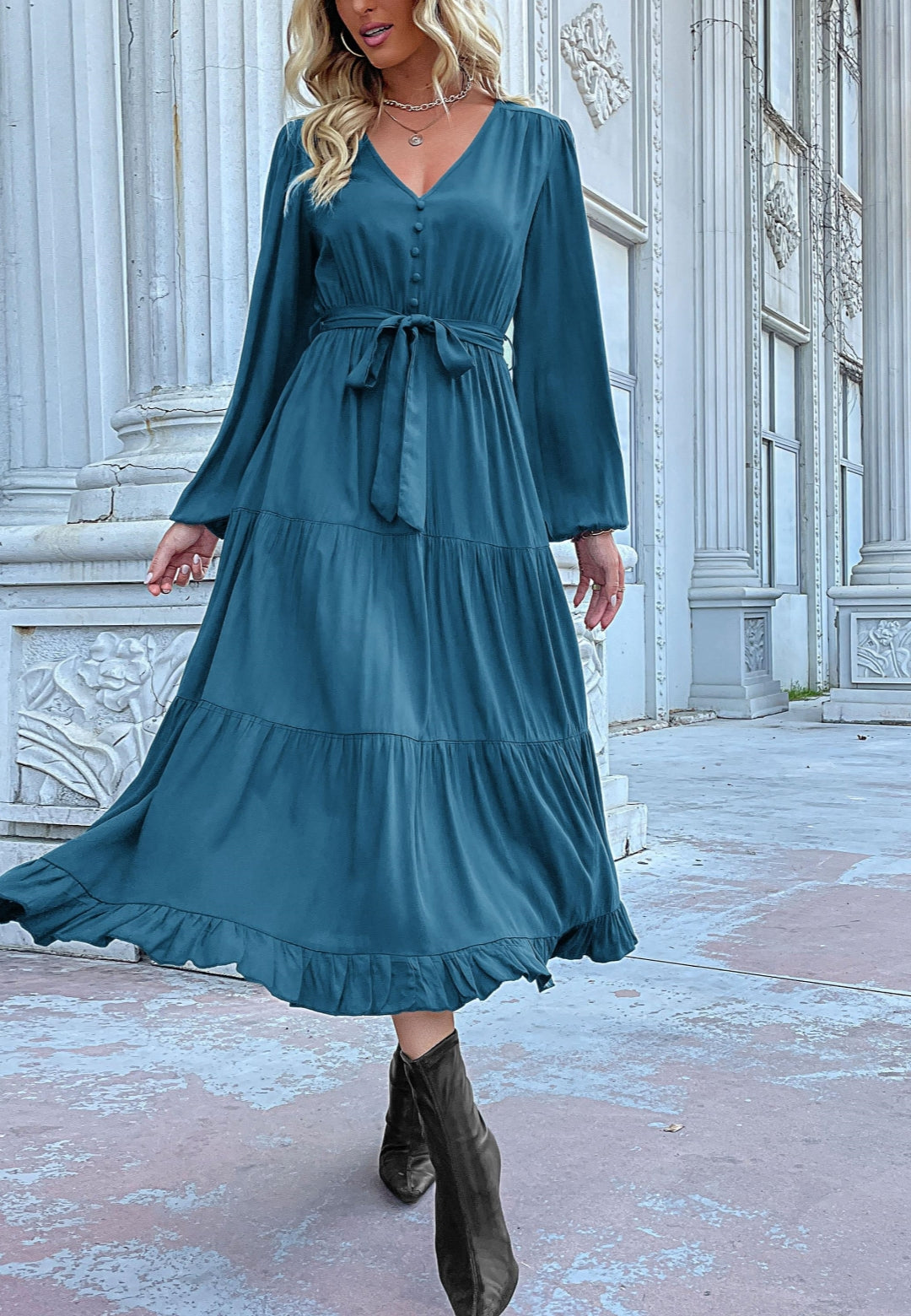 Button Detail Tiered Midi Dress