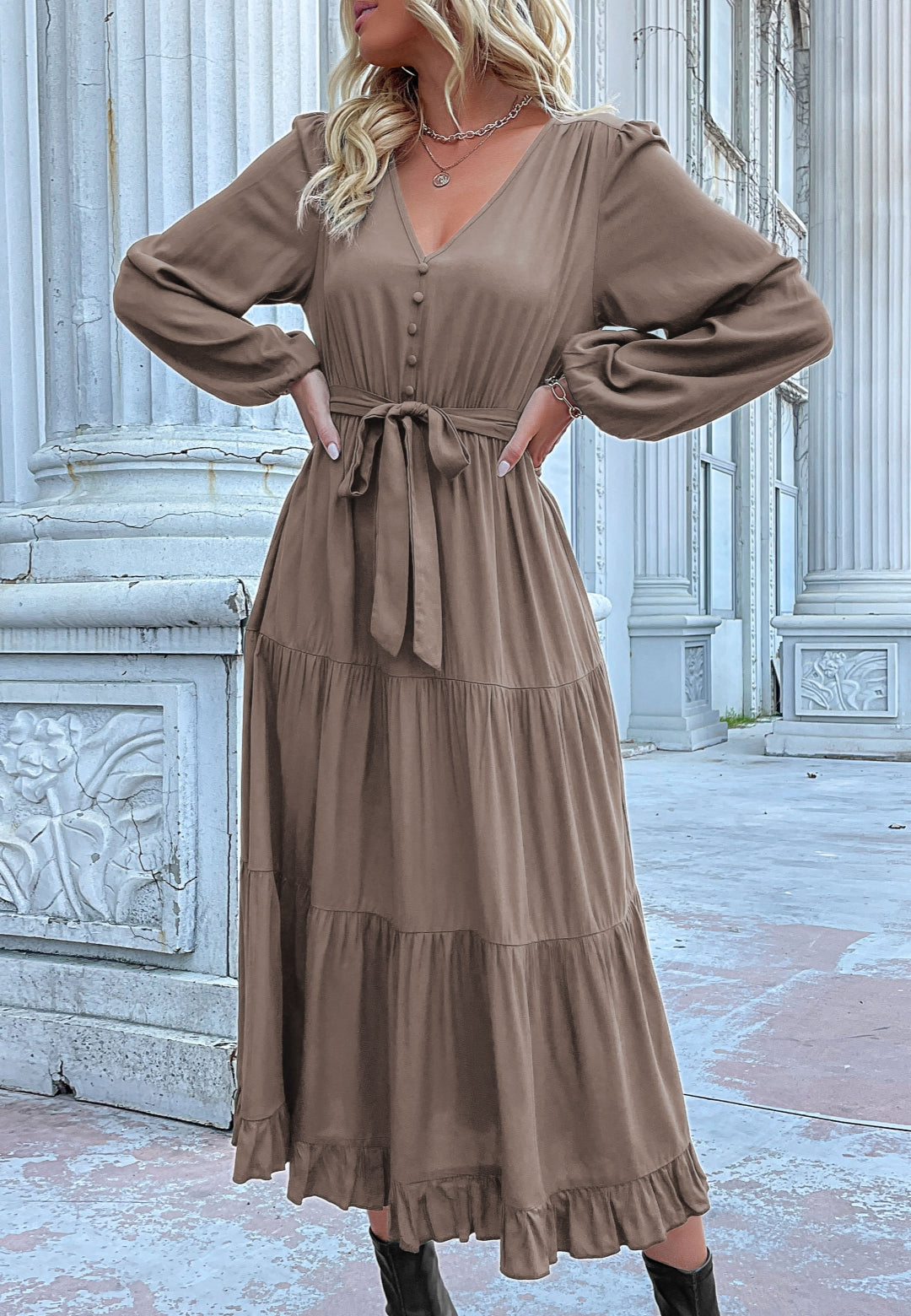 Button Detail Tiered Midi Dress