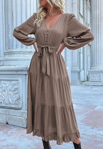 Button Detail Tiered Midi Dress