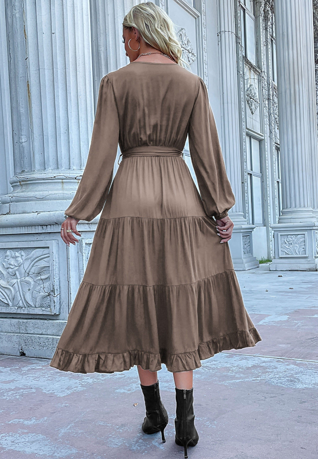 Button Detail Tiered Midi Dress