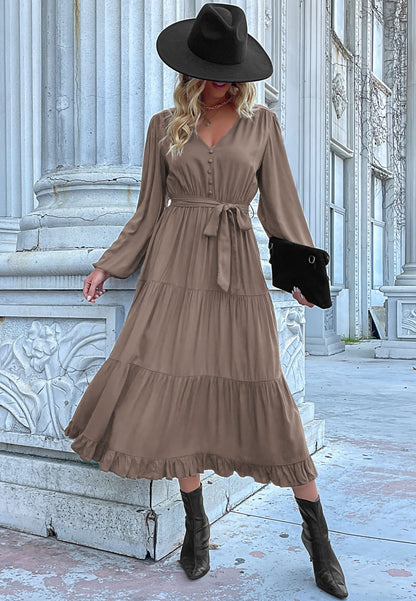 Button Detail Tiered Midi Dress