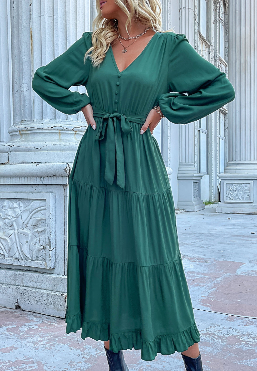 Button Detail Tiered Midi Dress