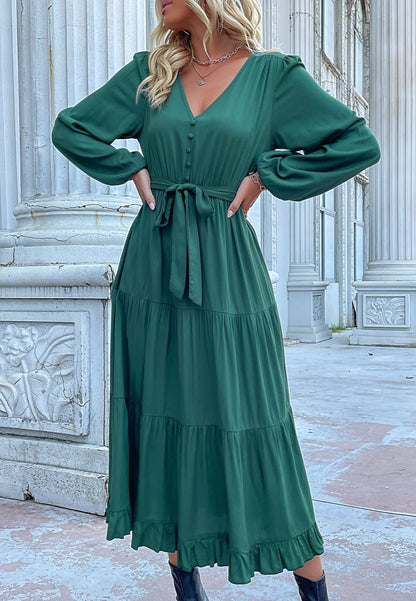 Button Detail Tiered Midi Dress