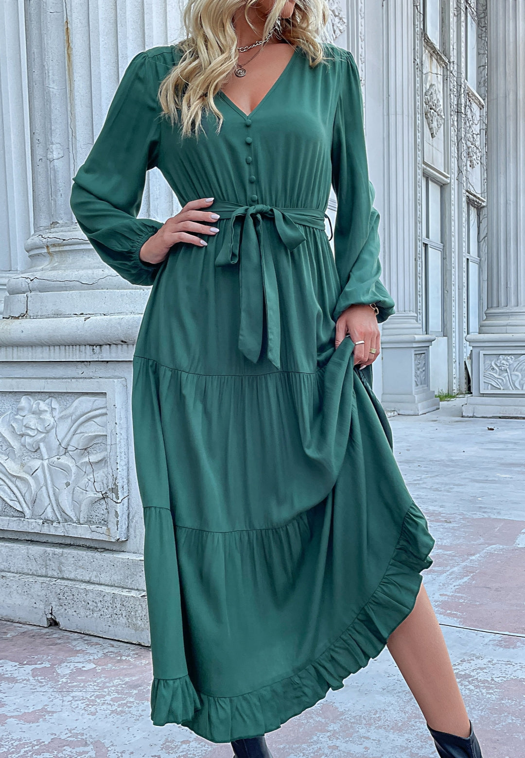 Button Detail Tiered Midi Dress