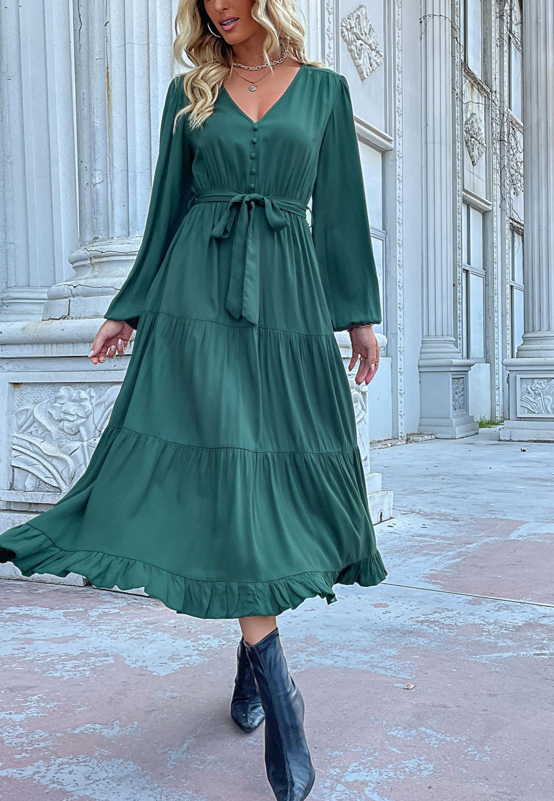 Button Detail Tiered Midi Dress