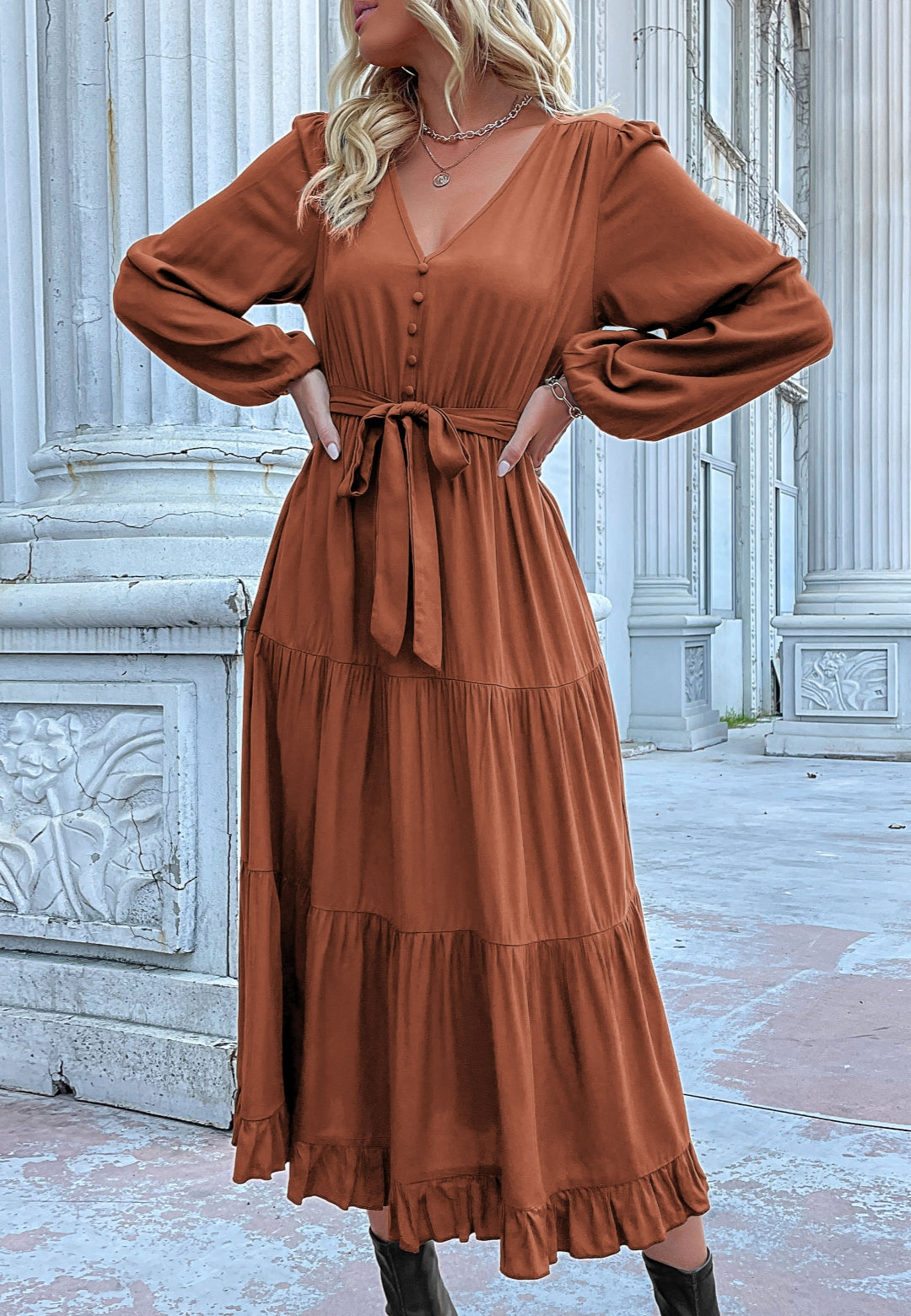 Button Detail Tiered Midi Dress