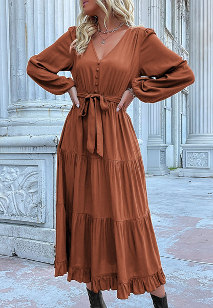 Button Detail Tiered Midi Dress