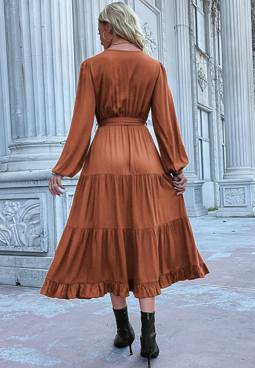 Button Detail Tiered Midi Dress