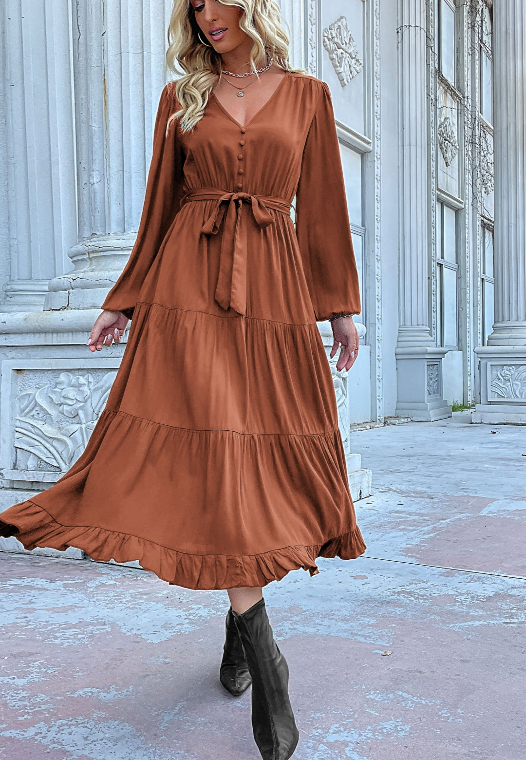 Button Detail Tiered Midi Dress