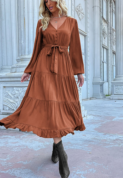 Button Detail Tiered Midi Dress