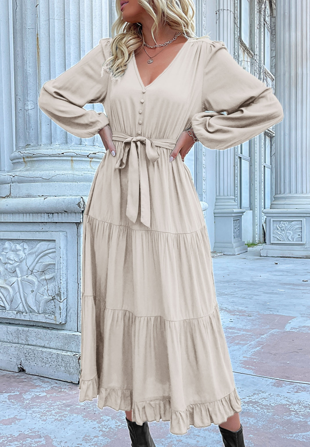 Button Detail Tiered Midi Dress