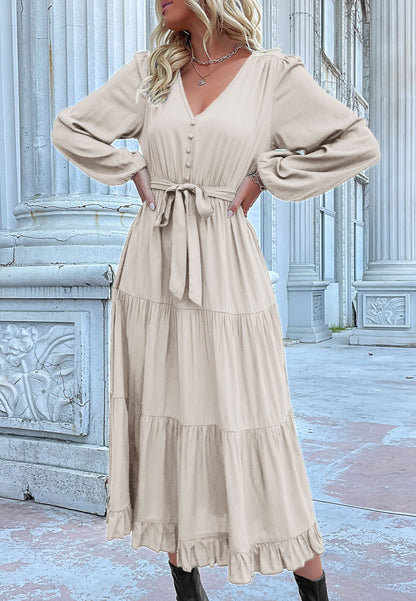 Button Detail Tiered Midi Dress