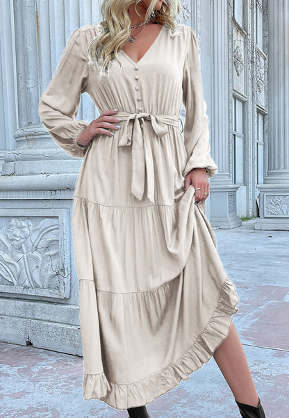 Button Detail Tiered Midi Dress