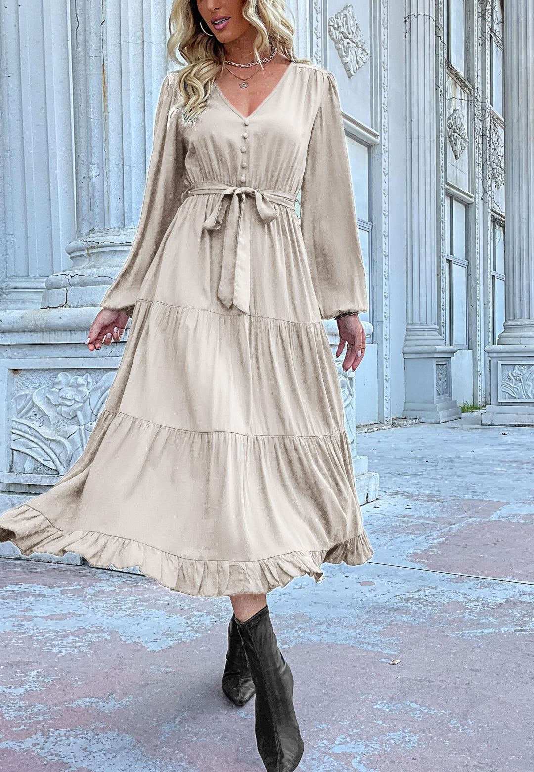 Button Detail Tiered Midi Dress