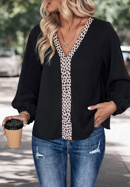 Animal Print Detail Long Sleeve Blouse