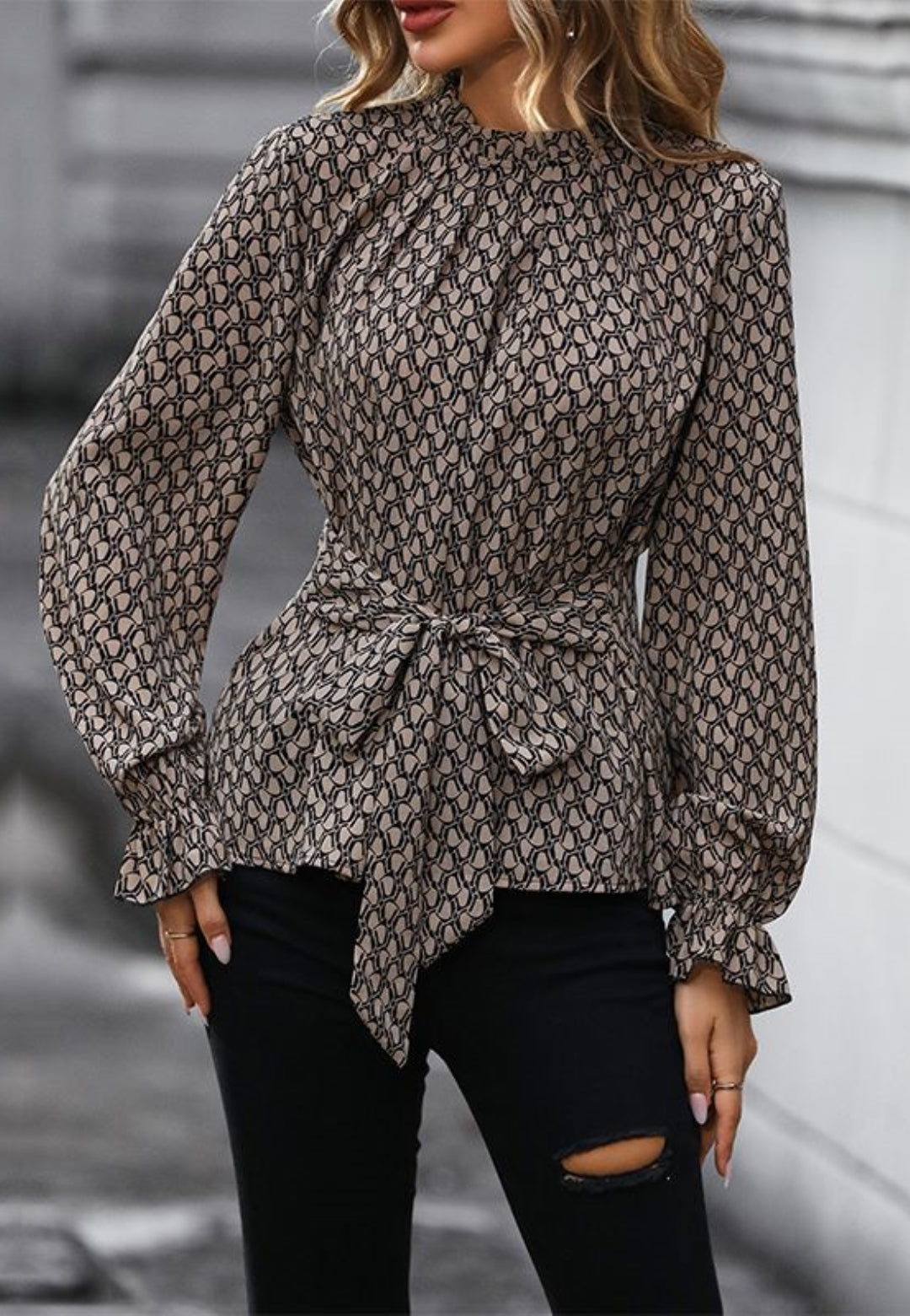 Geometric Print Tie Waist Blouse