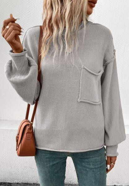 Textured Knit Drop Shoulder Pocket Sweater