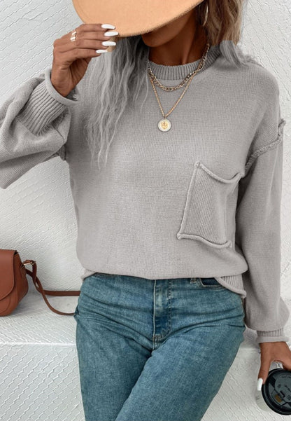 Textured Knit Drop Shoulder Pocket Sweater