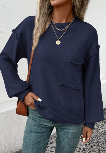 Textured Knit Drop Shoulder Pocket Sweater